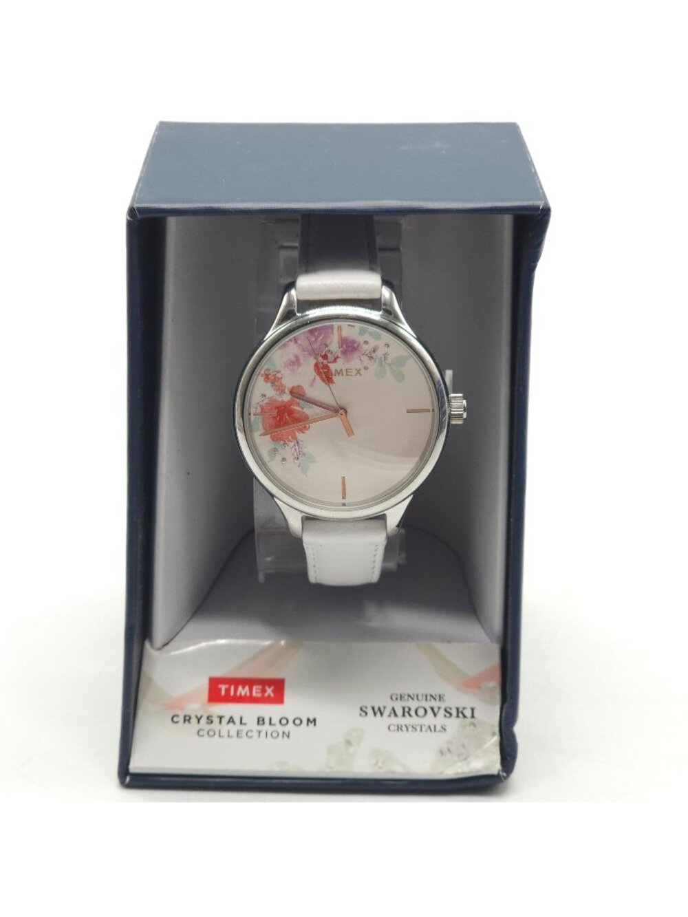 Timex Silver Tone Pink Blossom Leather Band Swarovski Dial Watch TW2R66600 NWT
